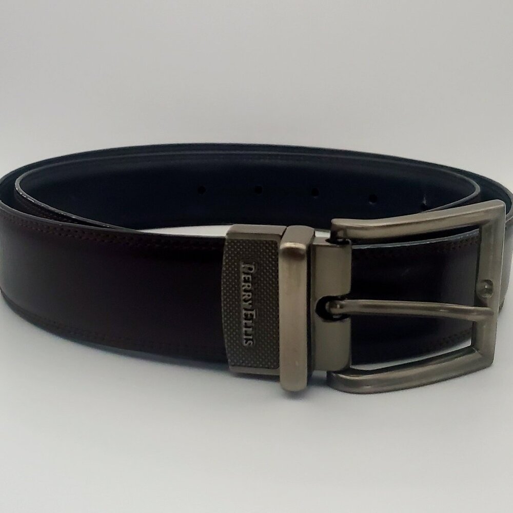 Perry Ellis Men's Reversible Belt Brown & Black Sides Matte Gun Metal Buckle